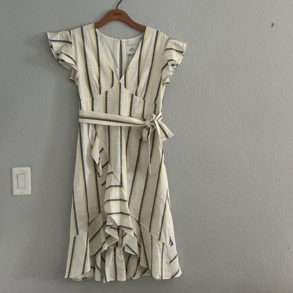 J.O.A. Cream and Yellow Striped Dress, Asymmetrical, ruffled design. Size M